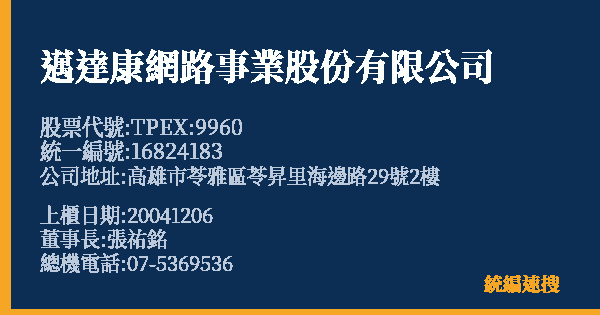 邁達康網路事業股份有限公司 股票代號 TPEX:9960 統編 16824183 上櫃公司基本資料圖