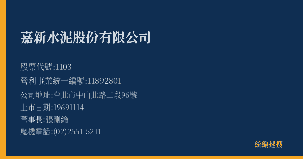 嘉新水泥股份有限公司 股票代號 1103 統編 11892801 上市公司基本資料圖