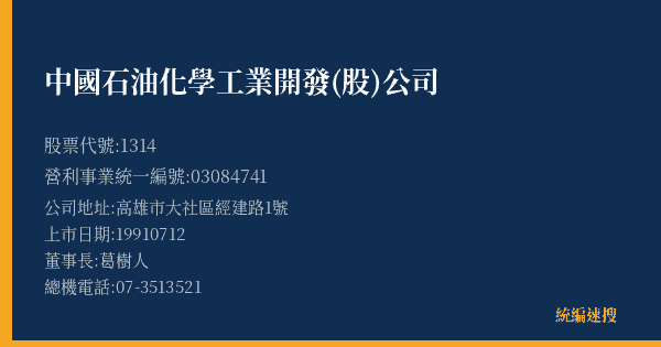 中國石油化學工業開發(股)公司 股票代號 1314 統編 03084741 上市公司基本資料圖