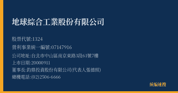地球綜合工業股份有限公司 股票代號 1324 統編 07147916 上市公司基本資料圖