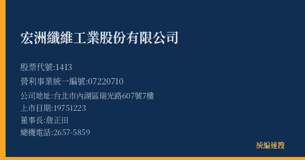 宏洲纖維工業股份有限公司 股票代號 1413 統編 07220710 上市公司基本資料圖