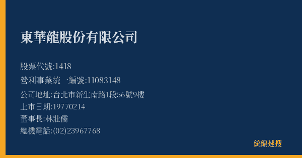 東華龍股份有限公司 股票代號 1418 統編 11083148 上市公司基本資料圖