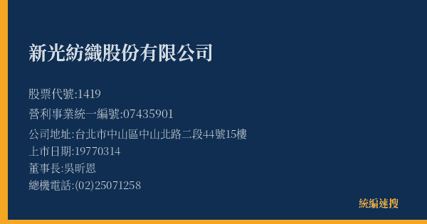 新光紡織股份有限公司 股票代號 1419 統編 07435901 上市公司基本資料圖