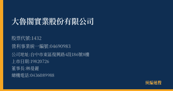 大魯閣實業股份有限公司 股票代號 1432 統編 04690983 上市公司基本資料圖
