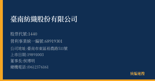 臺南紡織股份有限公司 股票代號 1440 統編 68919301 上市公司基本資料圖