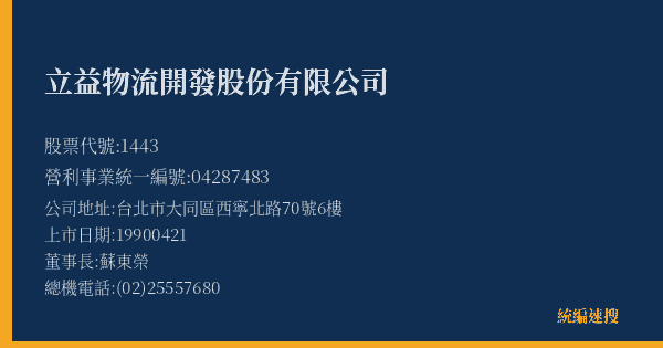 立益物流開發股份有限公司 股票代號 1443 統編 04287483 上市公司基本資料圖