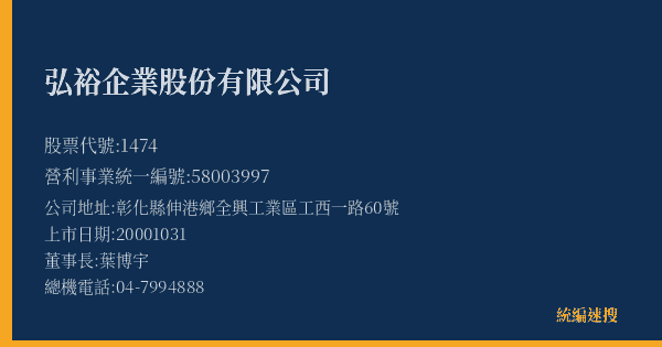 弘裕企業股份有限公司 股票代號 1474 統編 58003997 上市公司基本資料圖