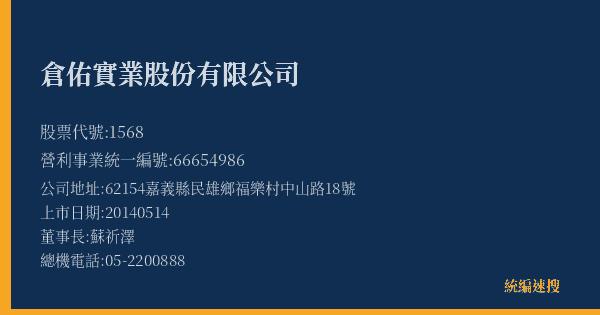 倉佑實業股份有限公司 股票代號 1568 統編 66654986 上市公司基本資料圖