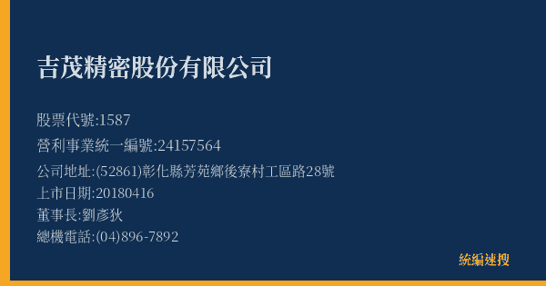 吉茂精密股份有限公司 股票代號 1587 統編 24157564 上市公司基本資料圖