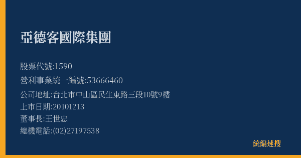亞德客國際集團 股票代號 1590 統編 53666460 上市公司基本資料圖