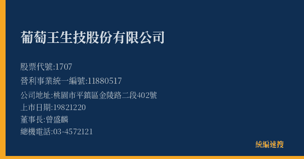 葡萄王生技股份有限公司 股票代號 1707 統編 11880517 上市公司基本資料圖
