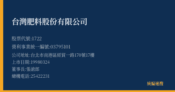 台灣肥料股份有限公司 股票代號 1722 統編 03795101 上市公司基本資料圖