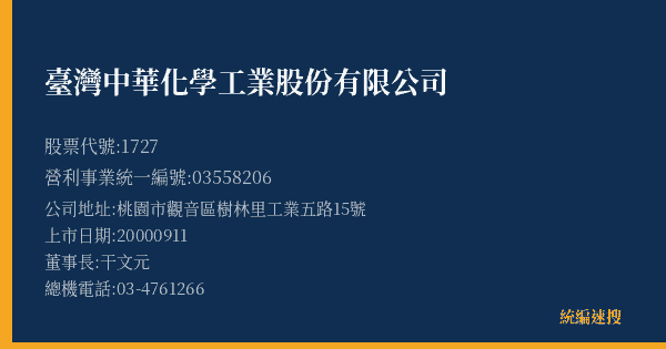 臺灣中華化學工業股份有限公司 股票代號 1727 統編 03558206 上市公司基本資料圖