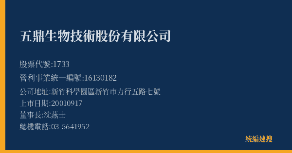 五鼎生物技術股份有限公司 股票代號 1733 統編 16130182 上市公司基本資料圖