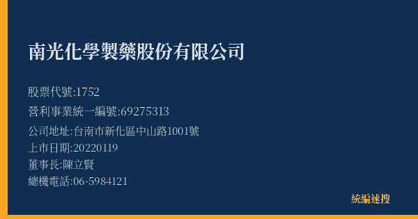 南光化學製藥股份有限公司 股票代號 1752 統編 69275313 上市公司基本資料圖