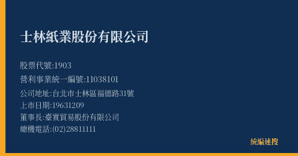 士林紙業股份有限公司 股票代號 1903 統編 11038101 上市公司基本資料圖