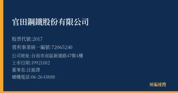 官田鋼鐵股份有限公司 股票代號 2017 統編 72065240 上市公司基本資料圖