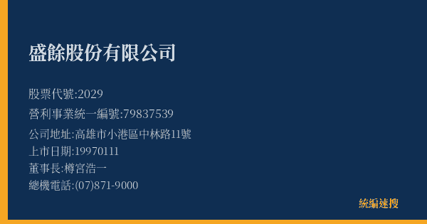 盛餘股份有限公司 股票代號 2029 統編 79837539 上市公司基本資料圖