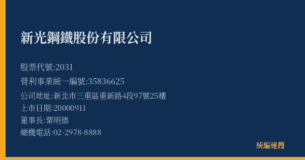 新光鋼鐵股份有限公司 股票代號 2031 統編 35836625 上市公司基本資料圖
