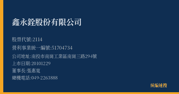 鑫永銓股份有限公司 股票代號 2114 統編 51704734 上市公司基本資料圖