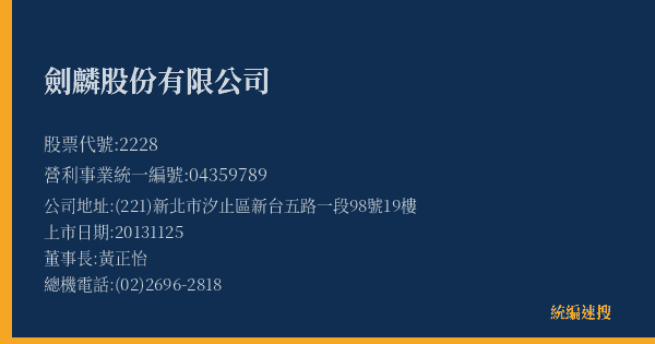 劍麟股份有限公司 股票代號 2228 統編 04359789 上市公司基本資料圖