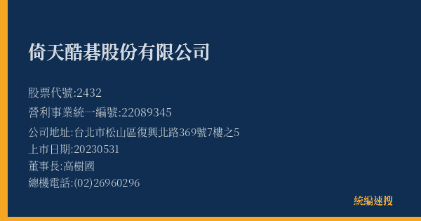 倚天酷碁股份有限公司 股票代號 2432 統編 22089345 上市公司基本資料圖