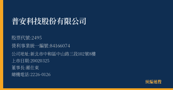 普安科技股份有限公司 股票代號 2495 統編 84166074 上市公司基本資料圖
