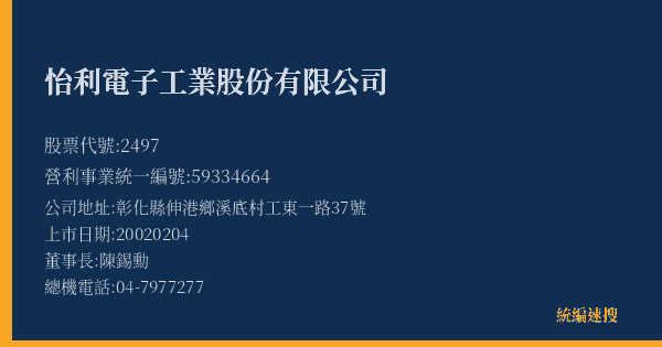 怡利電子工業股份有限公司 股票代號 2497 統編 59334664 上市公司基本資料圖