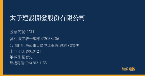太子建設開發股份有限公司 股票代號 2511 統編 72058206 上市公司基本資料圖