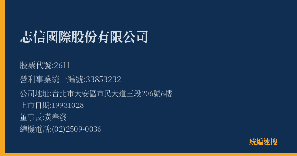 志信國際股份有限公司 股票代號 2611 統編 33853232 上市公司基本資料圖