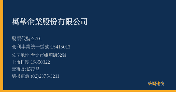 萬華企業股份有限公司 股票代號 2701 統編 15415013 上市公司基本資料圖