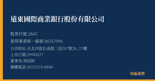 遠東國際商業銀行股份有限公司 股票代號 2845 統編 86517096 上市公司基本資料圖