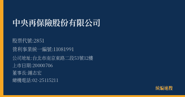 中央再保險股份有限公司 股票代號 2851 統編 11081991 上市公司基本資料圖