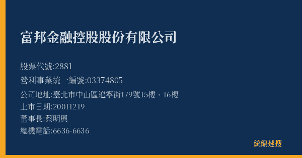 富邦金融控股股份有限公司 股票代號 2881 統編 03374805 上市公司基本資料圖