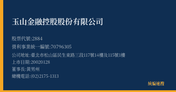 玉山金融控股股份有限公司 股票代號 2884 統編 70796305 上市公司基本資料圖