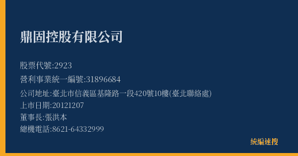 鼎固控股有限公司 股票代號 2923 統編 31896684 上市公司基本資料圖