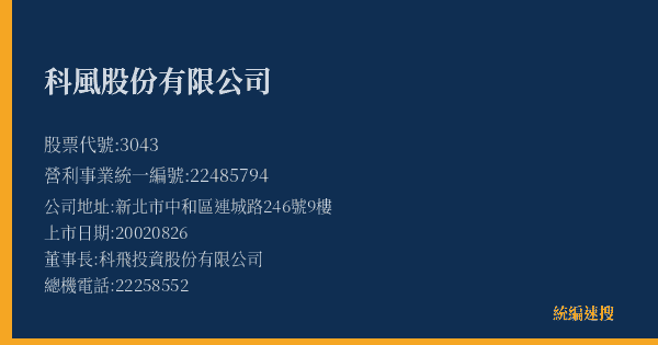 科風股份有限公司 股票代號 3043 統編 22485794 上市公司基本資料圖
