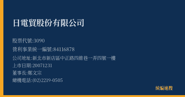 日電貿股份有限公司 股票代號 3090 統編 84116878 上市公司基本資料圖