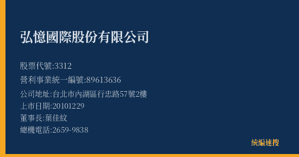 弘憶國際股份有限公司 股票代號 3312 統編 89613636 上市公司基本資料圖