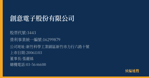 創意電子股份有限公司 股票代號 3443 統編 16299879 上市公司基本資料圖