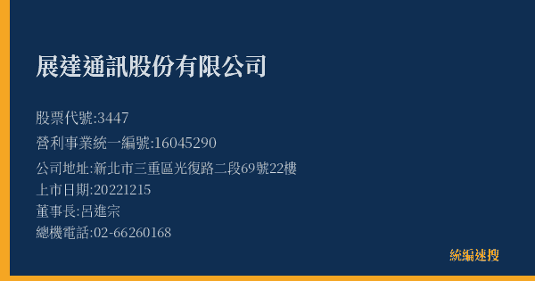 展達通訊股份有限公司 股票代號 3447 統編 16045290 上市公司基本資料圖