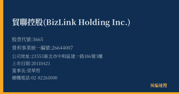 貿聯控股(BizLink Holding Inc.) 股票代號 3665 統編 26644007 上市公司基本資料圖