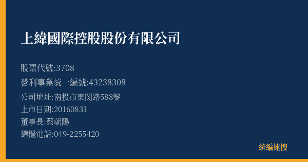 上緯國際控股股份有限公司 股票代號 3708 統編 43238308 上市公司基本資料圖