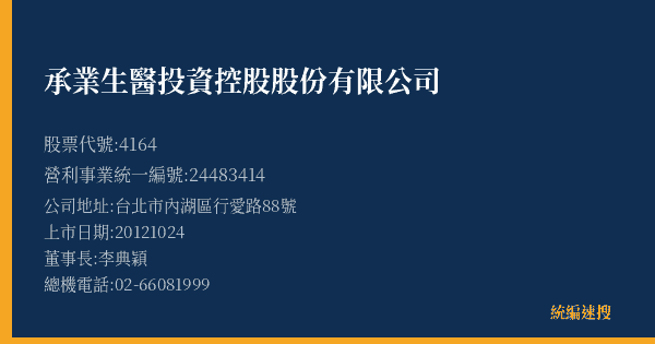 承業生醫投資控股股份有限公司 股票代號 4164 統編 24483414 上市公司基本資料圖