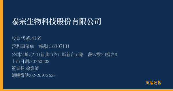 泰宗生物科技股份有限公司 股票代號 4169 統編 16307131 上市公司基本資料圖