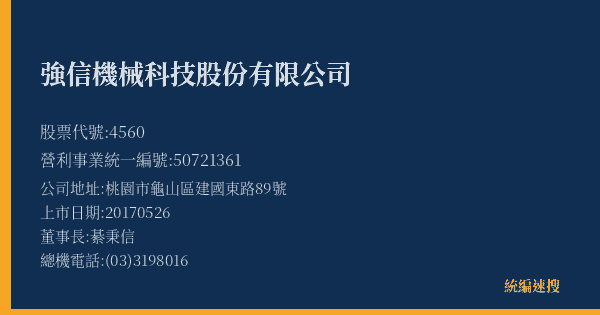 強信機械科技股份有限公司 股票代號 4560 統編 50721361 上市公司基本資料圖