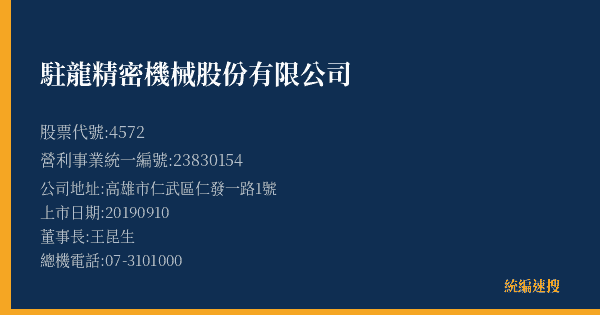 駐龍精密機械股份有限公司 股票代號 4572 統編 23830154 上市公司基本資料圖