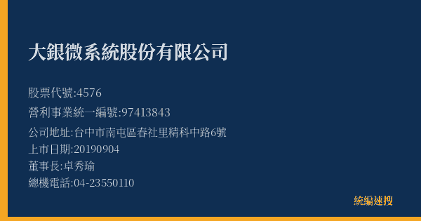 大銀微系統股份有限公司 股票代號 4576 統編 97413843 上市公司基本資料圖
