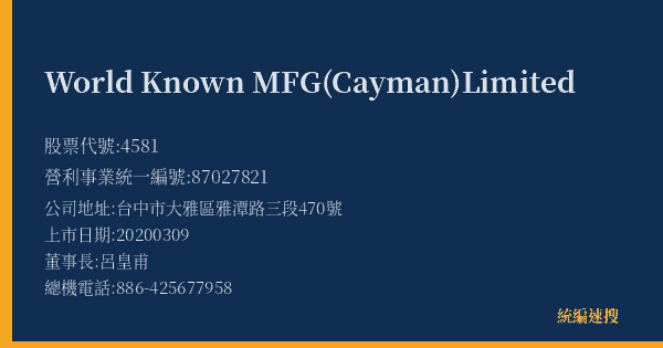 World Known MFG(Cayman)Limited 股票代號 4581 統編 87027821 上市公司基本資料圖