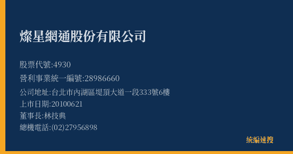 燦星網通股份有限公司 股票代號 4930 統編 28986660 上市公司基本資料圖